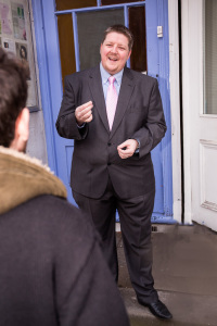 Nicholas Formio addresses locals in Ramsgate shortly before the first egg lands